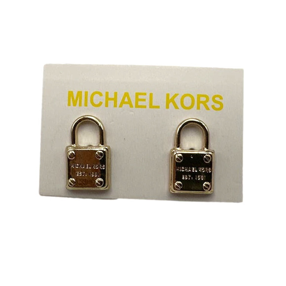 MICHAEL KORS Est 1981 Gold-Tone Logo Padlock Stud Earrings - Picture 1 of 4